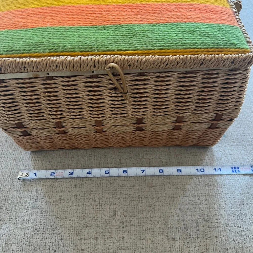 Vintage JCPenney Wicker Sewing Basket Woven Striped Yarn Lid Yellow Lining Japan